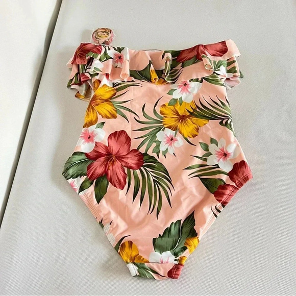 Flounce Front One Piece Swimsuit Kona Sol Hawaiian Floral Removeable Straps - Picture 4 of 15